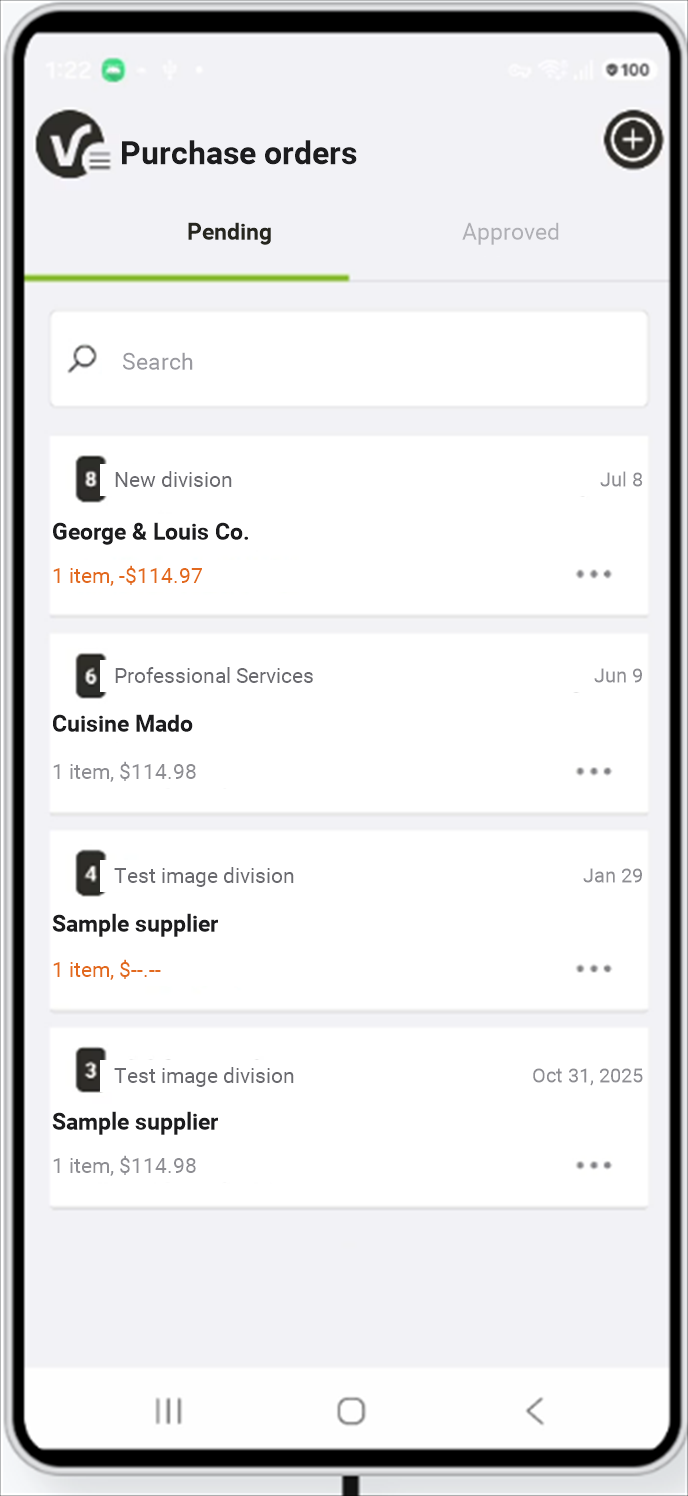 Viridem mobile app Purchase orders screen: list of orders pending approval or approved