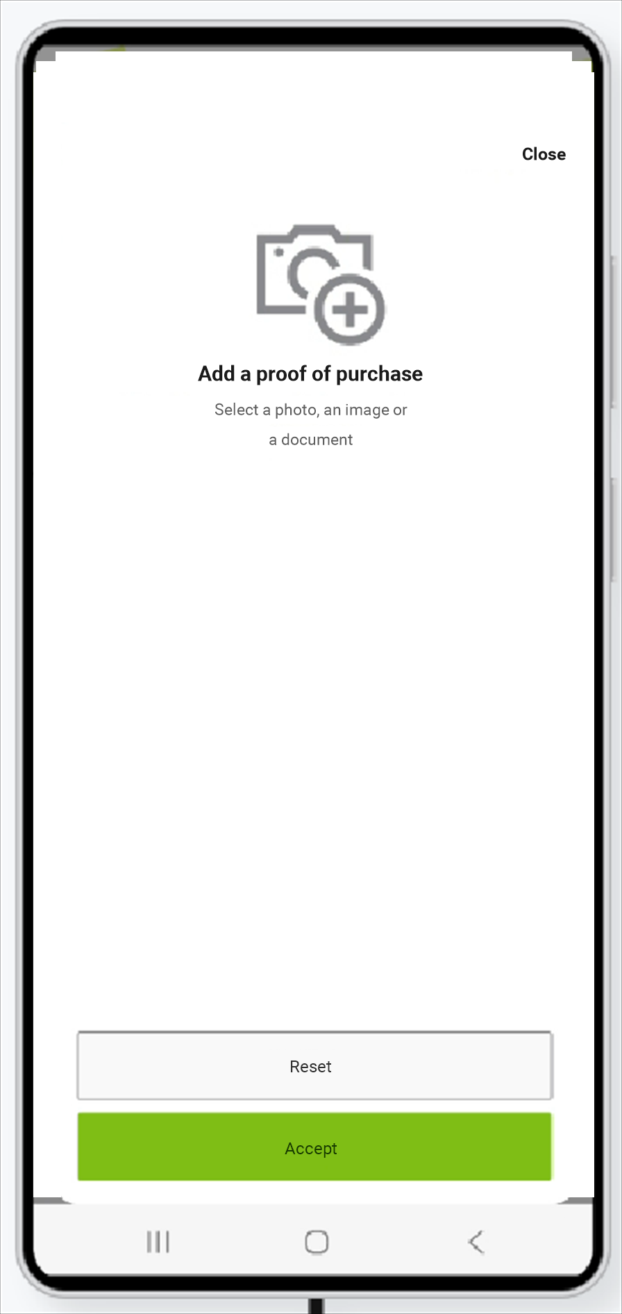 Viridem mobile app capture screen: add a proof of purchase by taking a photo