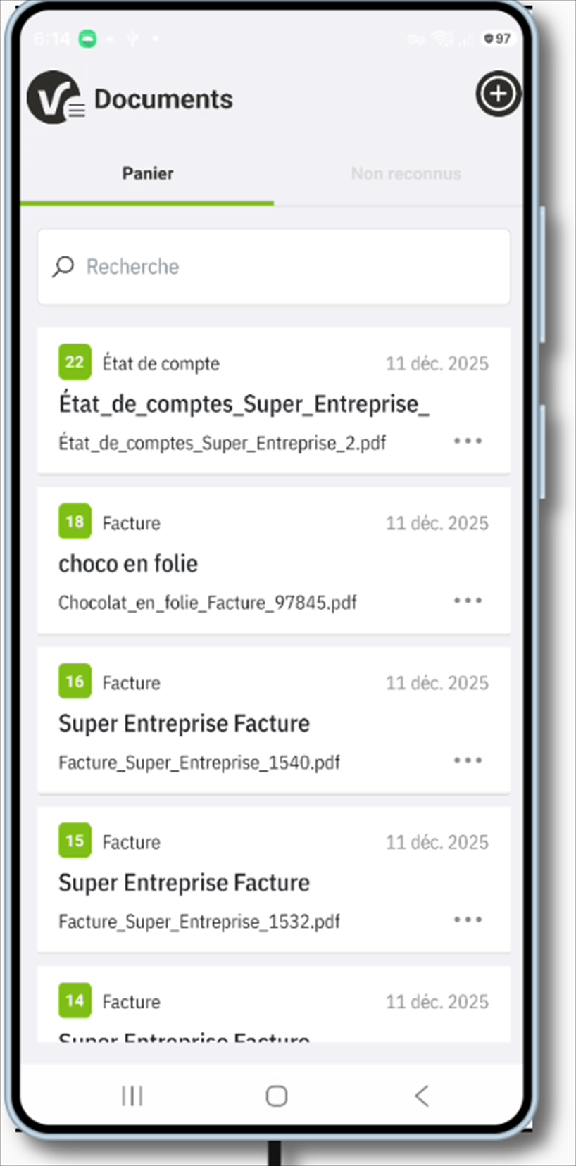 Écran Documents de l'application mobile Viridem : liste des factures et états de compte à consulter