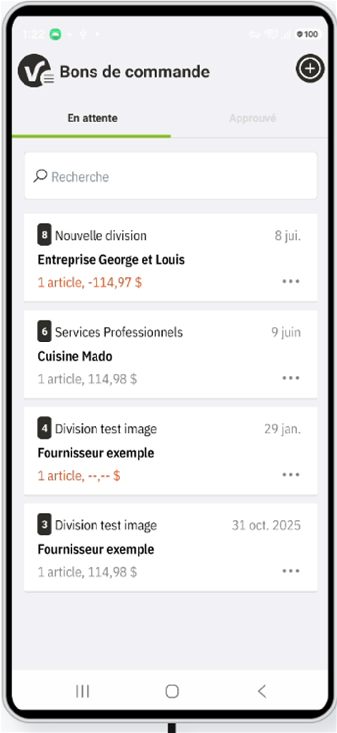Écran Bons de commande de l'application mobile Viridem : liste des bons en attente d'approbation ou approuvés