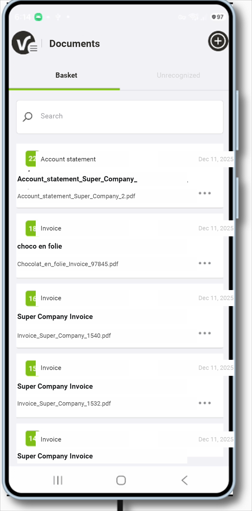 Viridem mobile app Documents screen: list of invoices and statements to consult