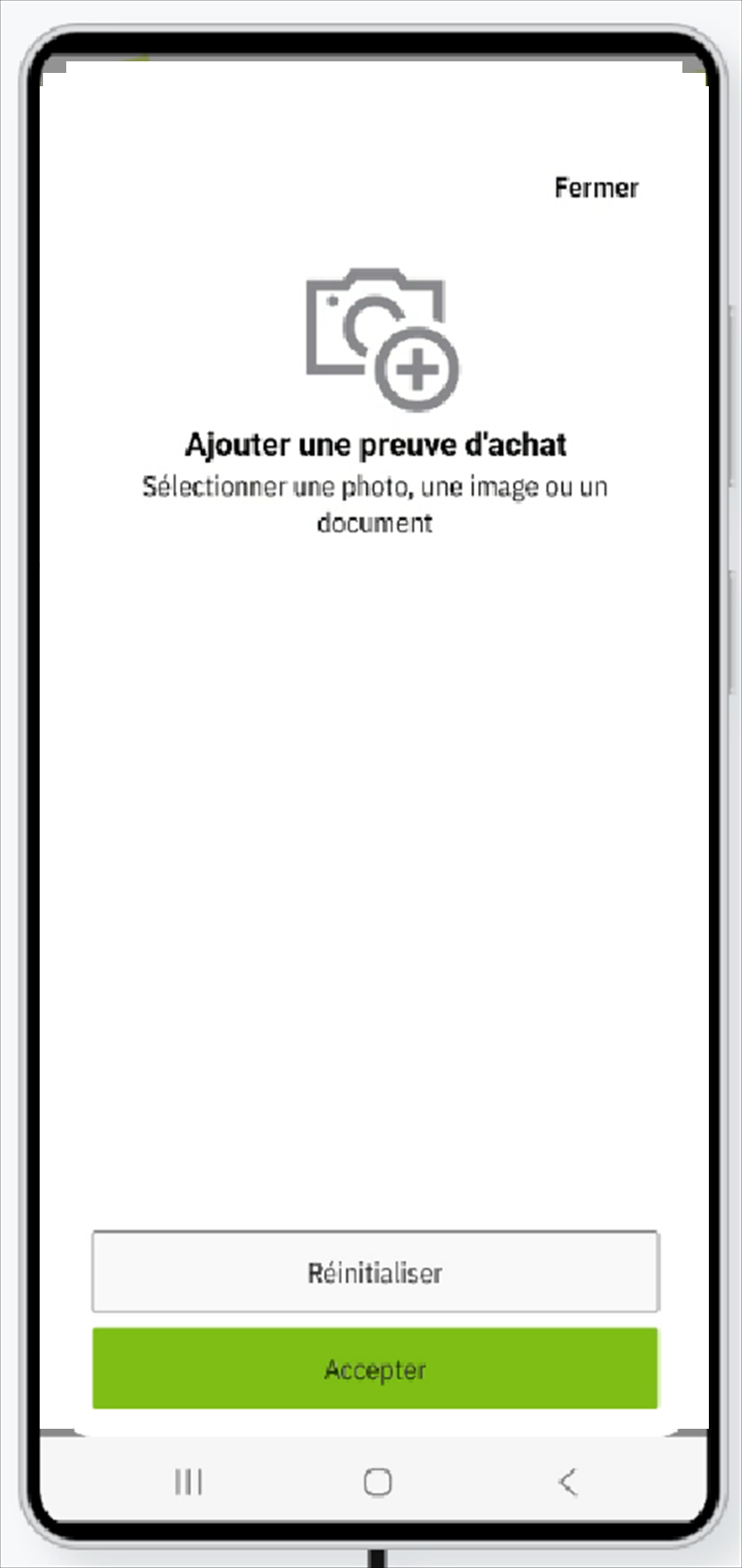 Écran de capture de l'application mobile Viridem : ajouter une preuve d'achat en prenant une photo
